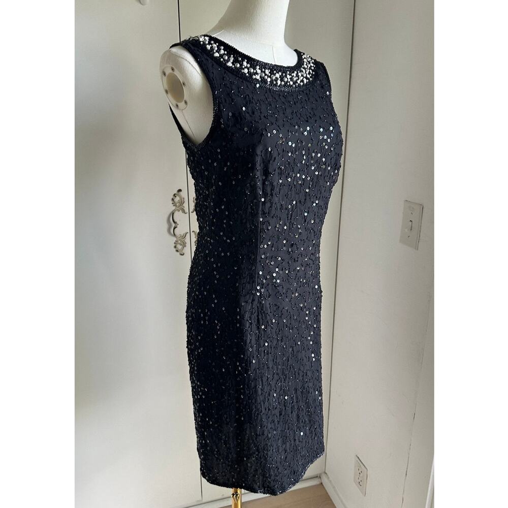 VTG 90s Silk Beaded Dress M LBD Cocktail Sheath Embellished Formal - Picture 7 of 14